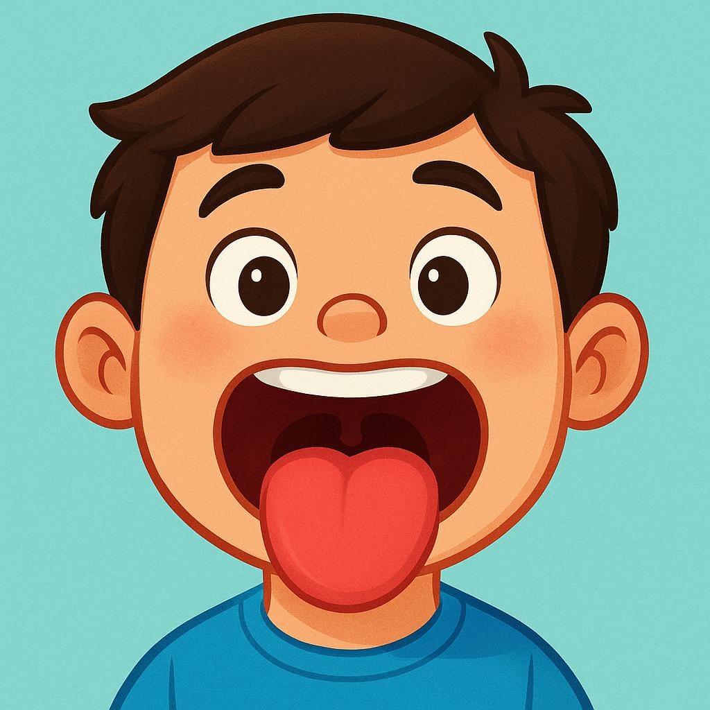 A highly stylized cartoon face speaking with an open mouth, clearly showing a tongue that is perfectly smooth and clean, emphasizing the lack of obstruction.
