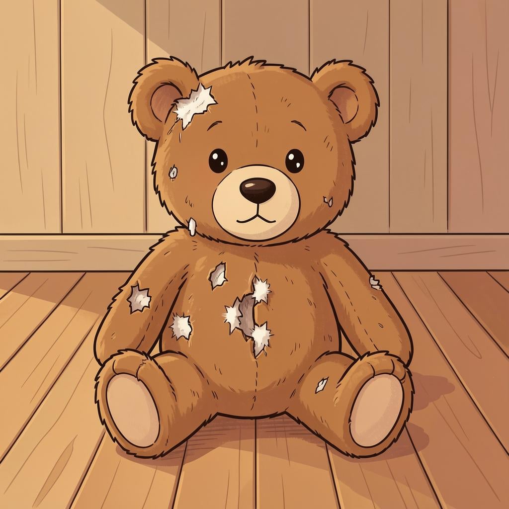 A very worn-out, tattered teddy bear with stuffing coming out and a missing eye.