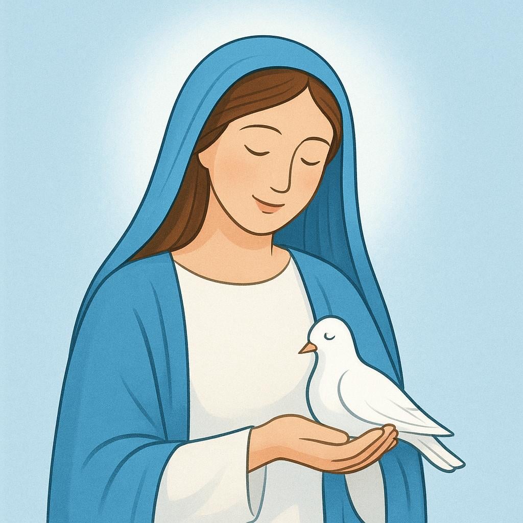 A serene, peaceful woman dressed in blue and white, holding a white dove, representing the religious figure, the Virgin Mary.