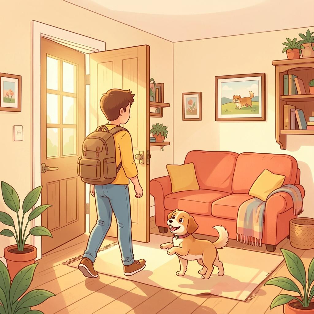 A person with a backpack walking through the open front door of a cozy house, being greeted by a happy dog.