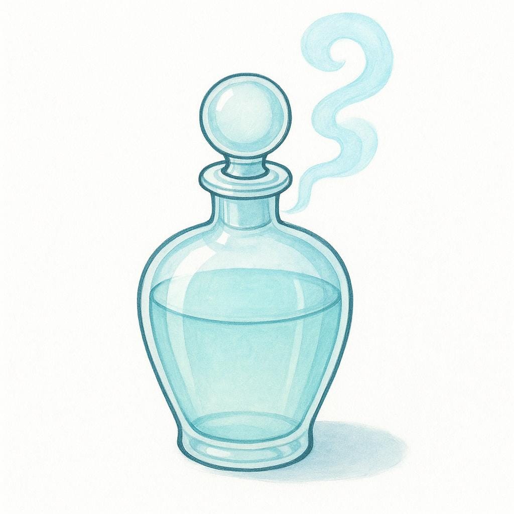 A clear glass bottle of cologne with a decorative stopper, emitting a soft, light blue fragrance cloud.