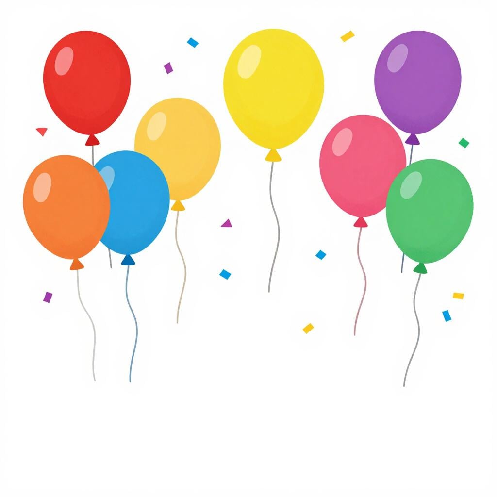 A festive celebration with balloons and confetti falling in the air.