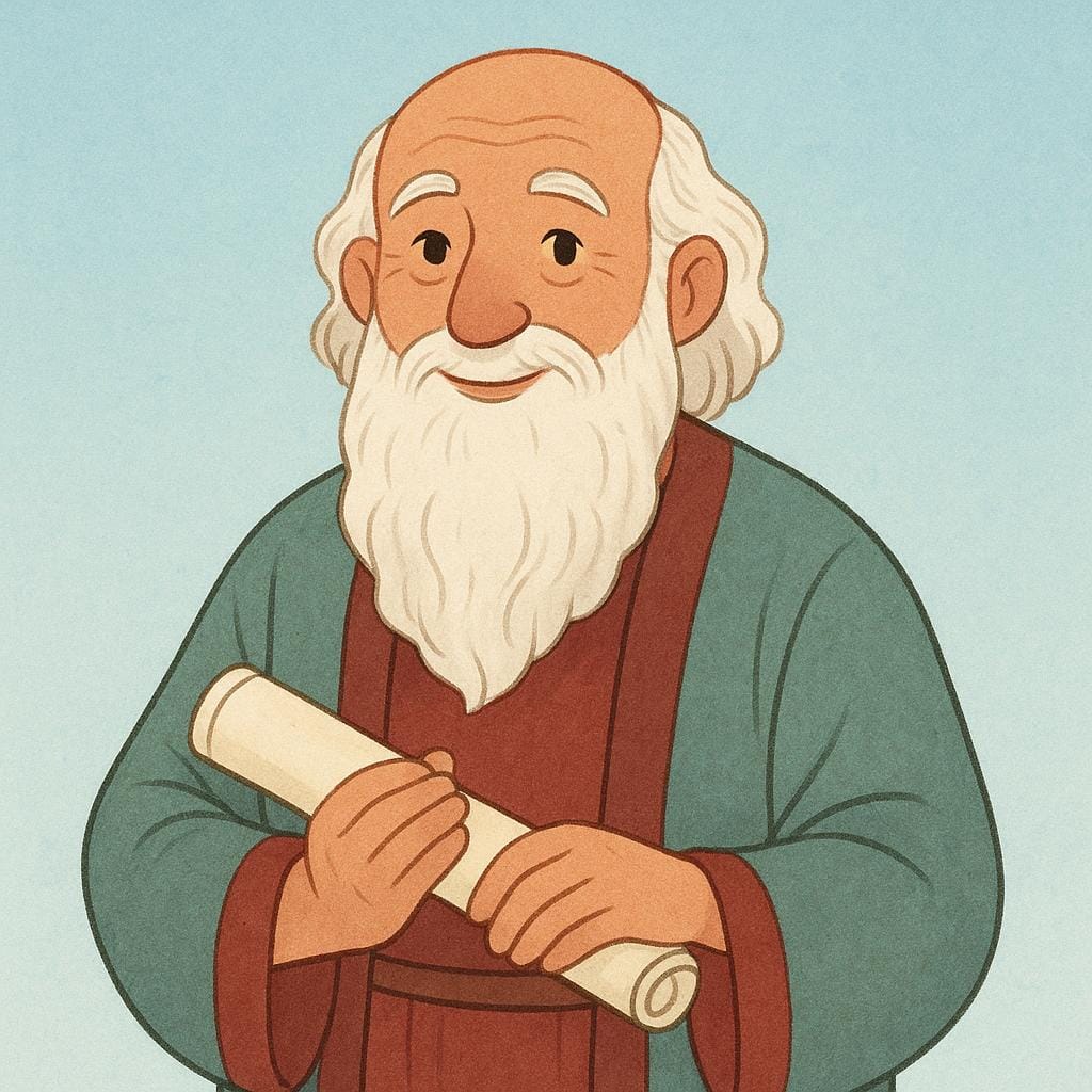 A simple illustration of an elderly, bearded Greek man wearing a robe and holding a rolled-up scroll, representing the ancient poet Homer.