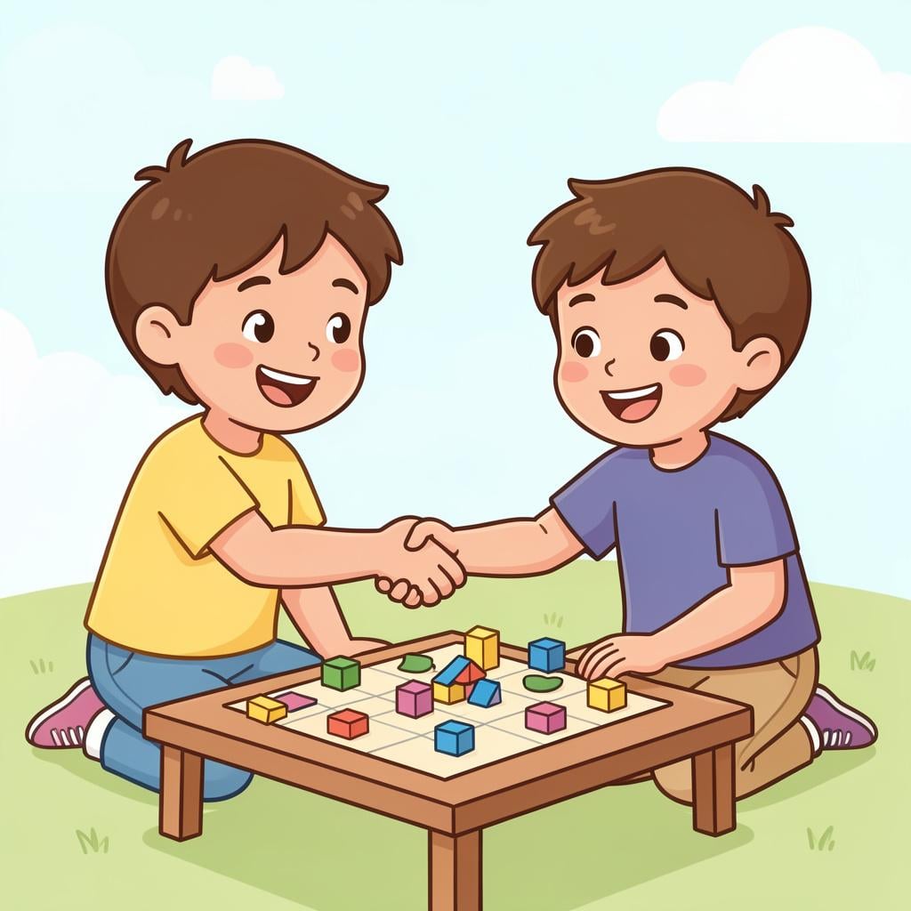 Two children shaking hands over a board game.