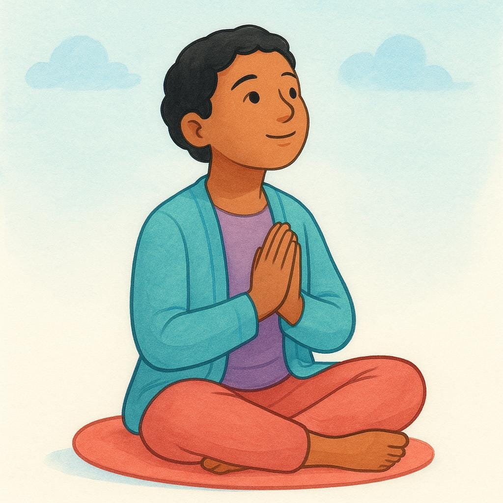 A colorful storybook illustration of a person sitting peacefully with folded hands, representing a religious follower or believer.