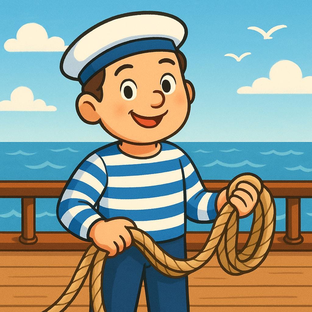 A cheerful person dressed as a traditional sailor, wearing a white hat and blue striped shirt, standing on a wooden boat deck.