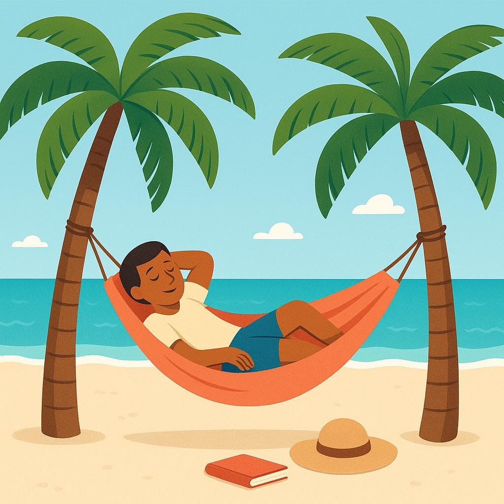 A person peacefully resting in a bright blue hammock strung between two palm trees.