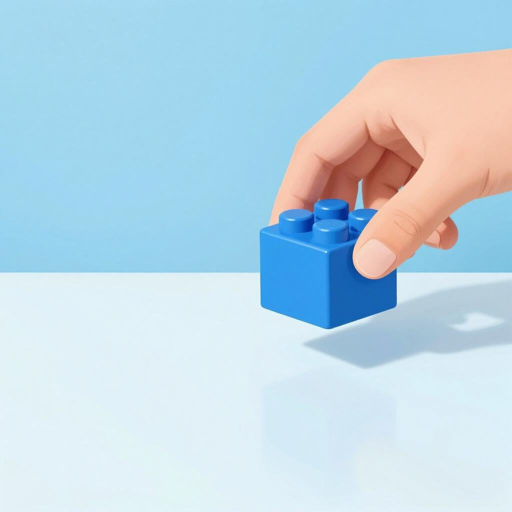 A hand lifting a single blue toy block off a flat surface, leaving behind a clear empty space.