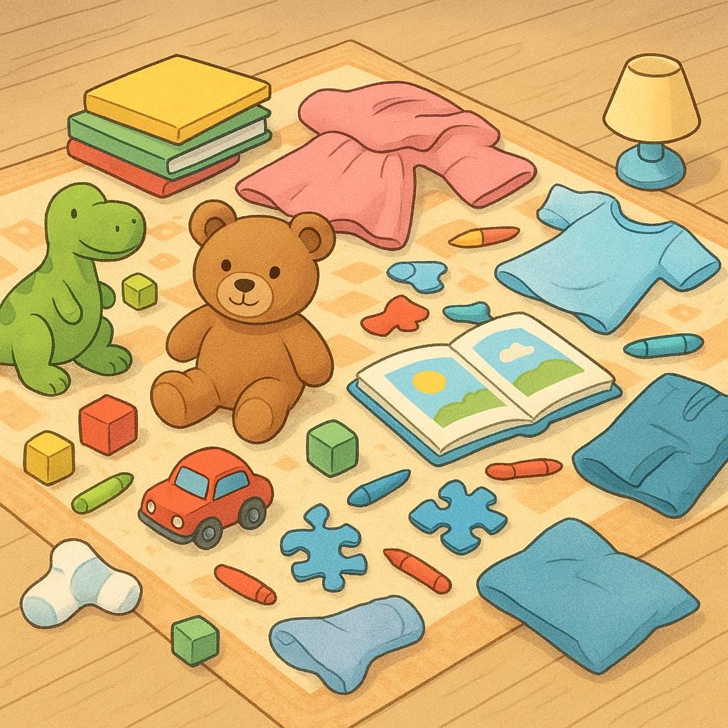 A floor completely covered by a chaotic jumble of colorful children's toys, clothes, and books.