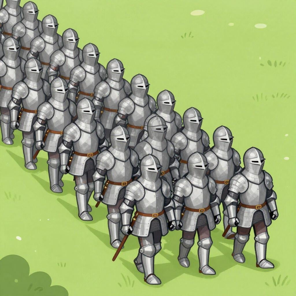 Een groep ridders in glimmend harnas die voorop marcheren in een lange rij soldaten.