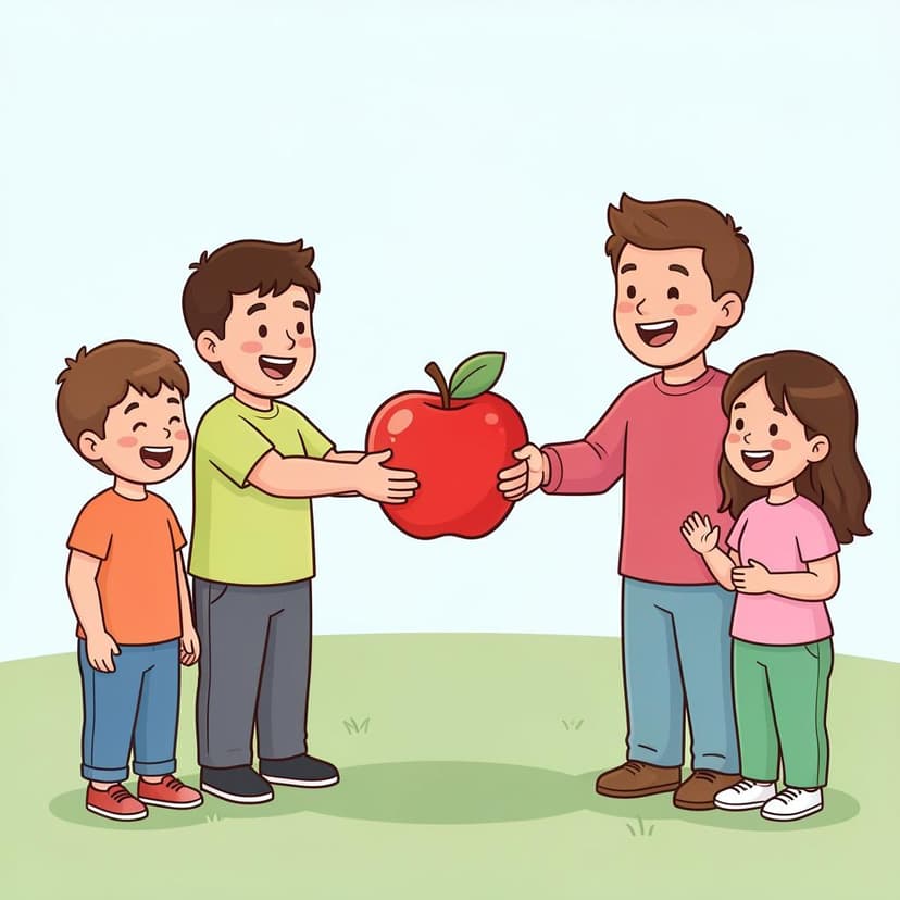 A group of people together handing a single bright red apple to a smiling person.