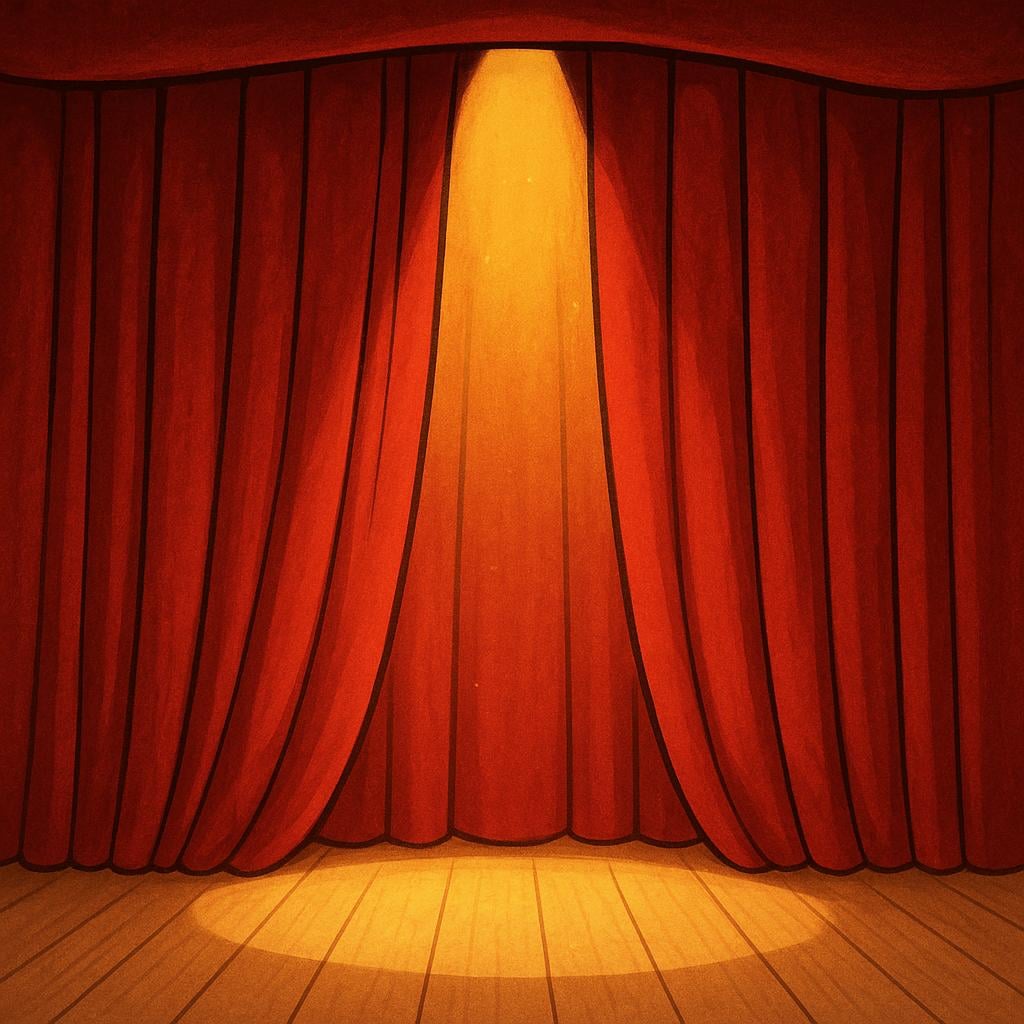 A bright yellow spotlight focused on a closed red velvet curtain on a simple wooden stage, ready for a show.