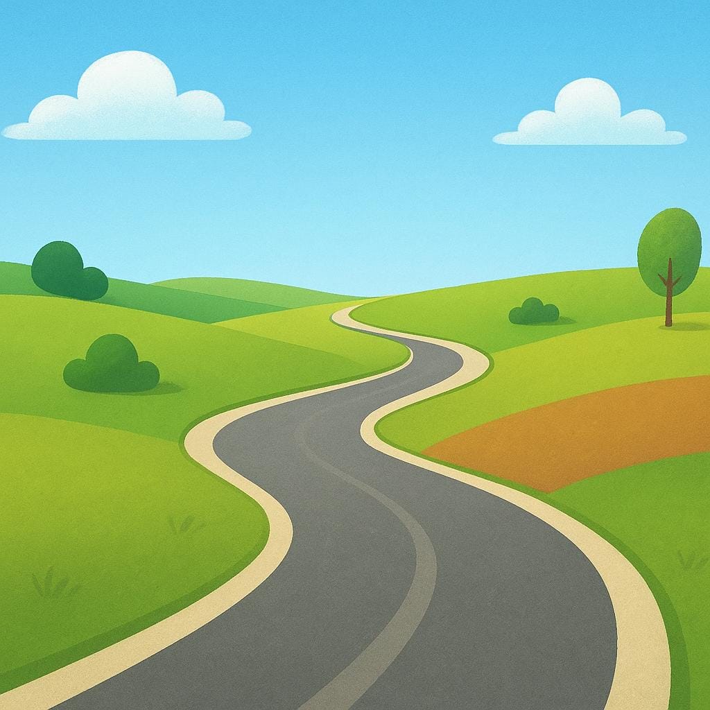 A simple illustration of a long, empty, winding road stretching far into the distance across a colorful, minimalist landscape, symbolizing distance.