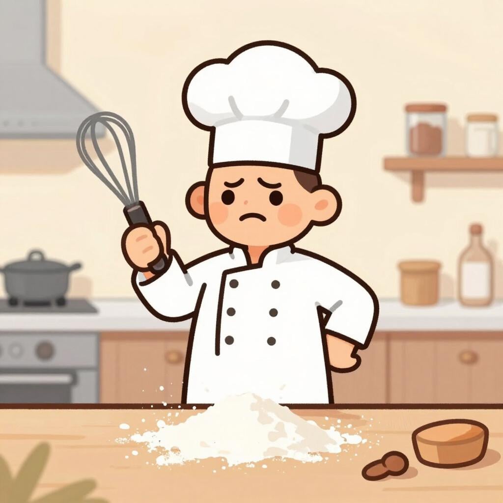 A chef looking confused while holding a whisk and a bowl of spilled flour.