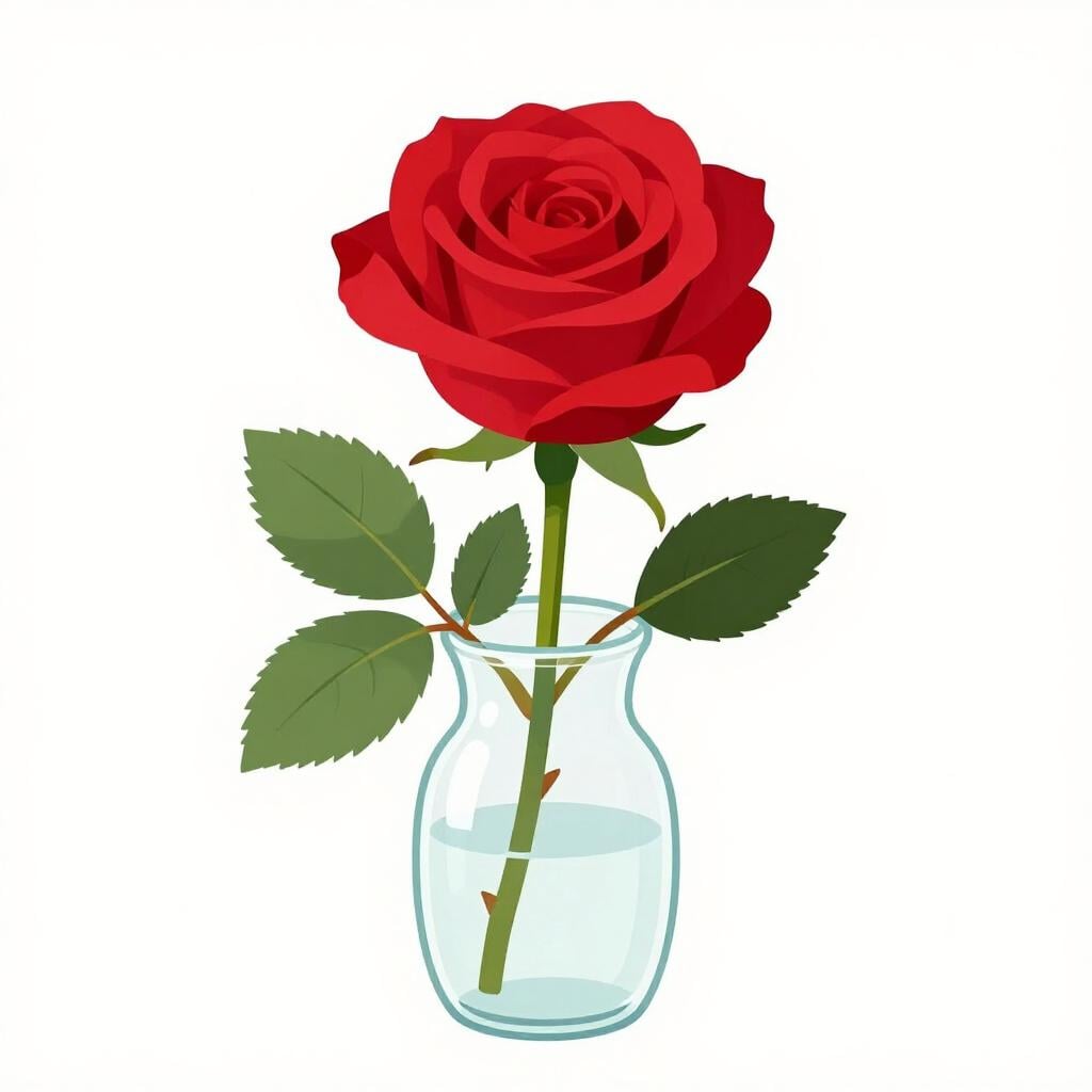 A detailed close-up of a single perfect red rose in a glass vase, highlighting its specific botanical features.