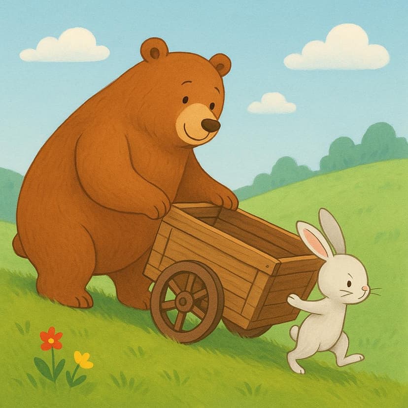 A large, friendly brown bear using one paw to gently help a small white rabbit push a heavy wooden cart up a grassy slope.