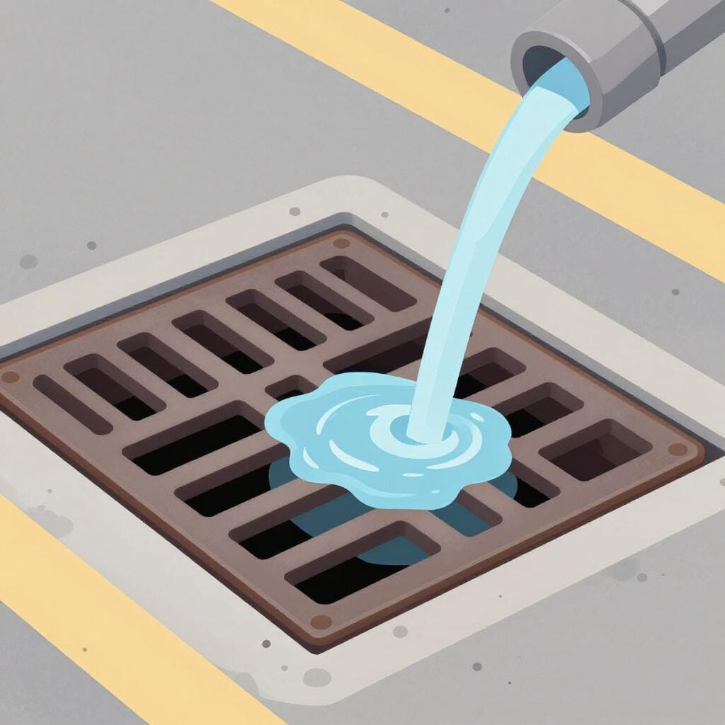 A modern metal storm drain on a clean paved street with water flowing into it.