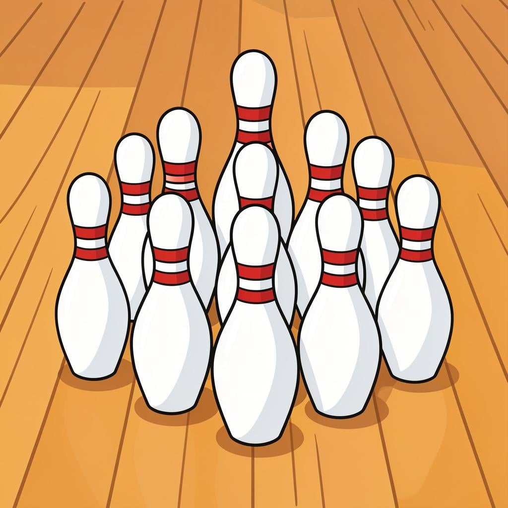 A close-up of ten white bowling pins standing in a triangular formation.