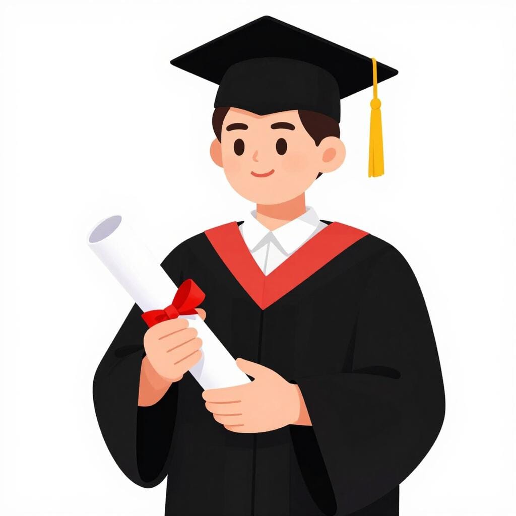 A person wearing a graduation gown and cap, holding a rolled diploma with a ribbon.