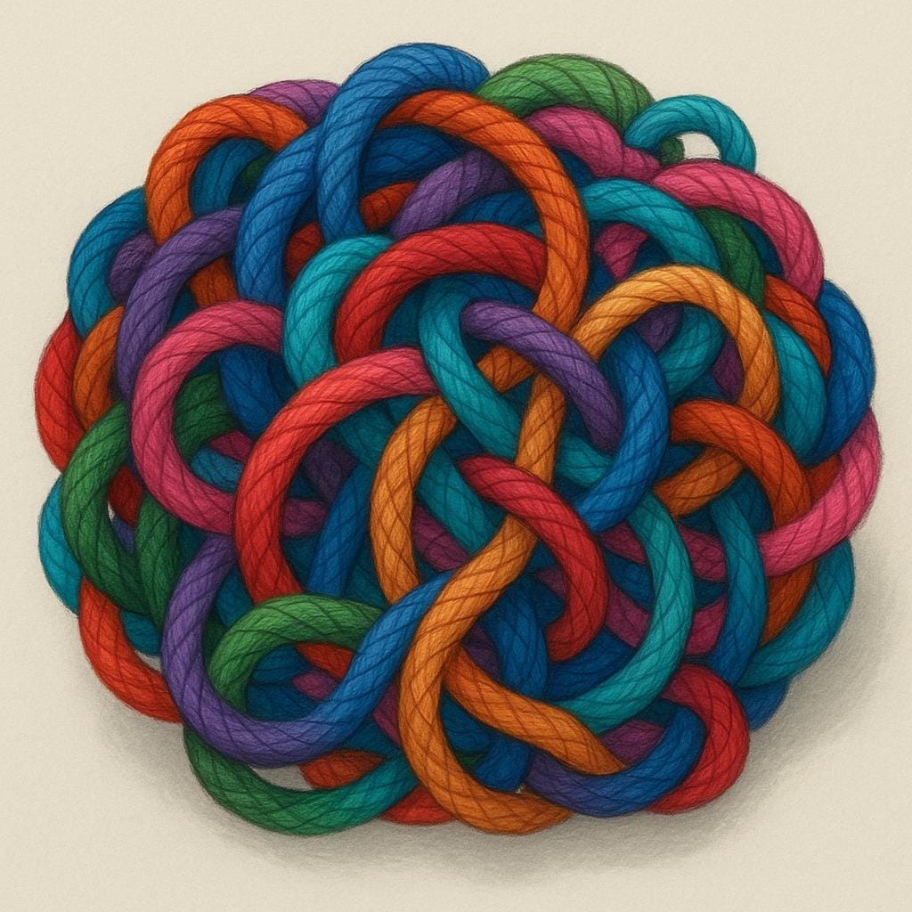 A chaotic tangle of thick, brightly colored yarn and rope creating a massive, complicated knot.