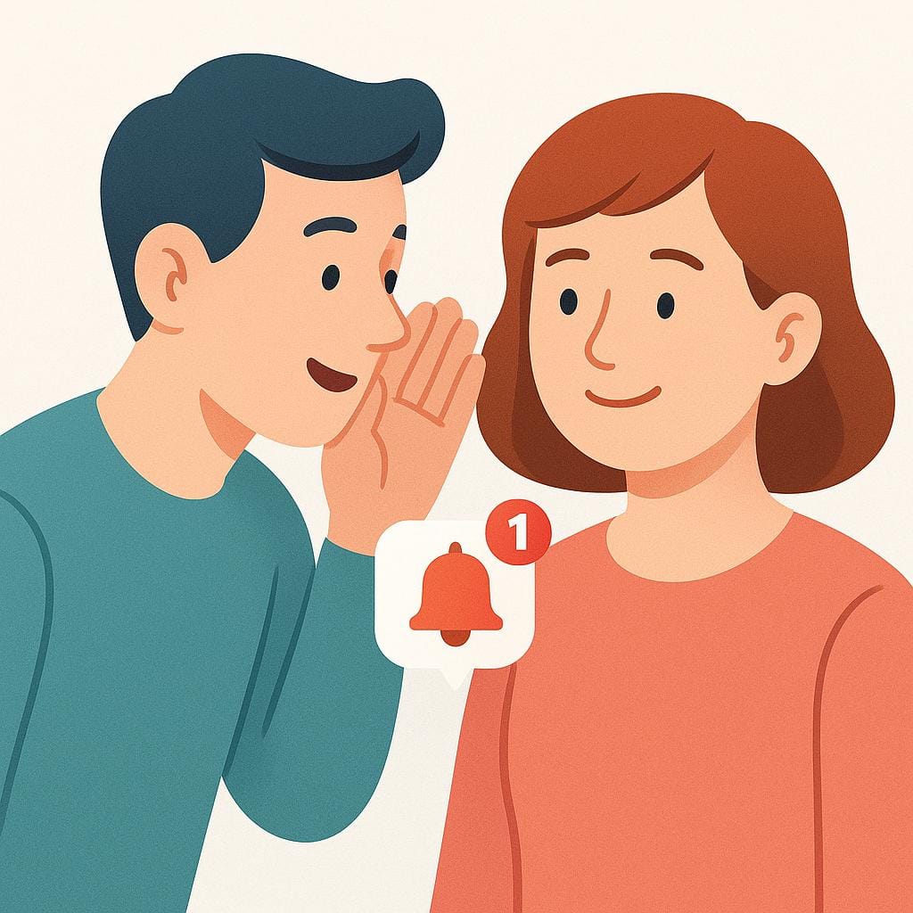 A simple figure gently tapping another figure on the shoulder while whispering a message into their ear, signifying notification.
