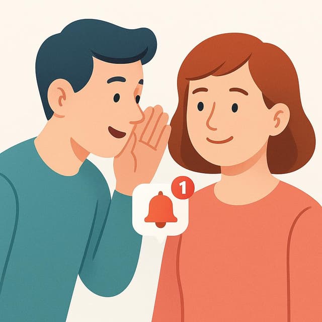 A simple figure gently tapping another figure on the shoulder while whispering a message into their ear, signifying notification.