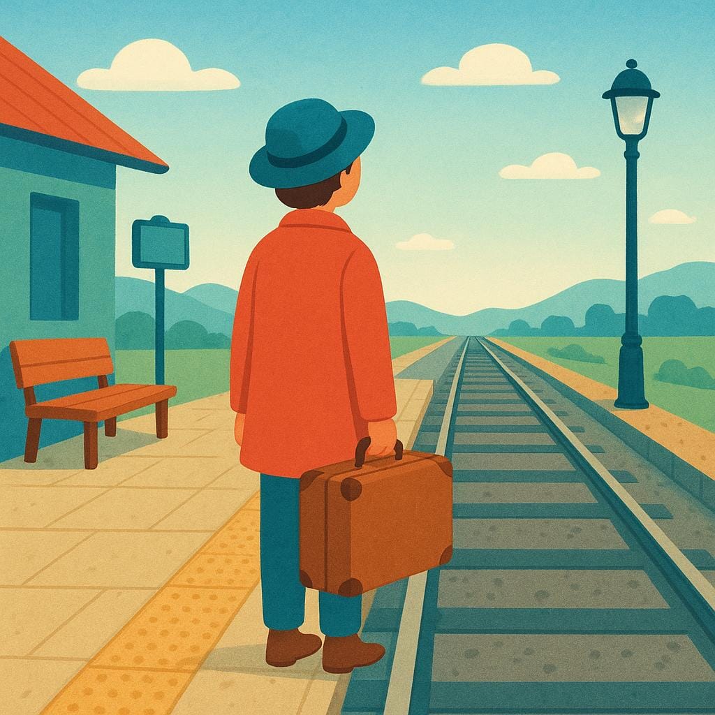 Un voyageur avec une valise se tenant sur un quai de gare regardant les voies.