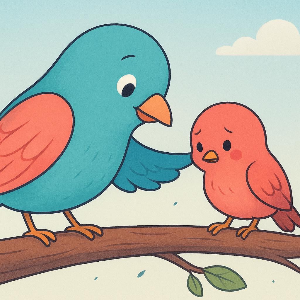 A friendly bird gently nudging a smaller bird with its wing to help it fly.