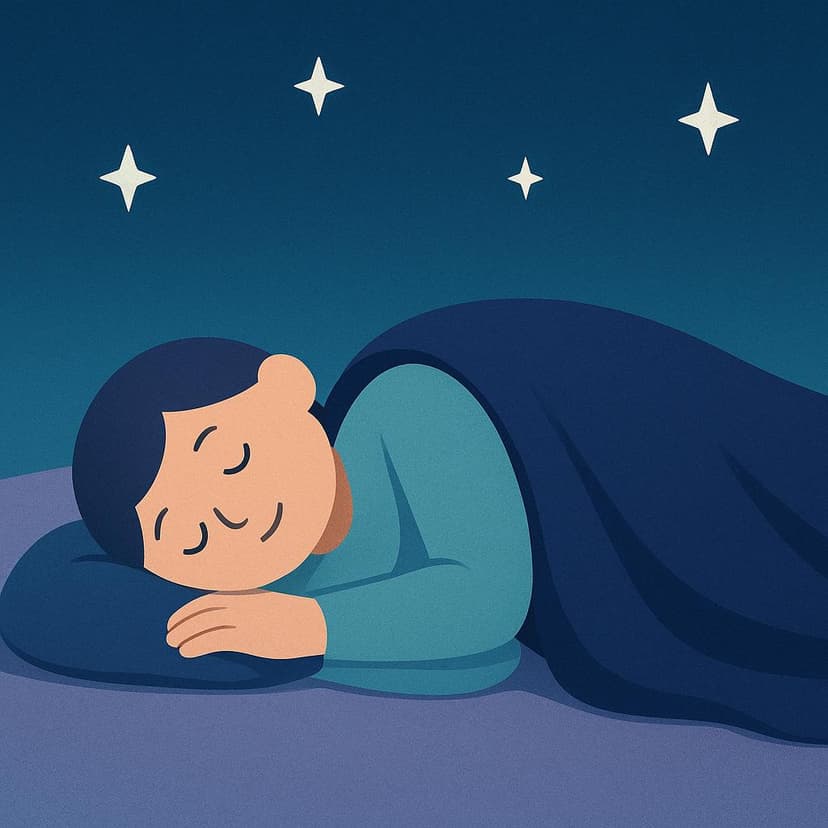 A simple stylized person lying peacefully on the ground under a dark blue blanket, surrounded by a few stylized white stars, symbolizing eternal rest or death.