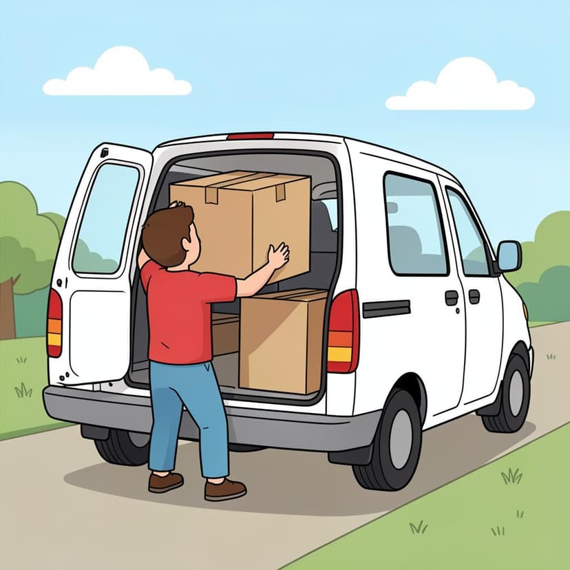 A person in a blue shirt carrying a heavy box away from a van.