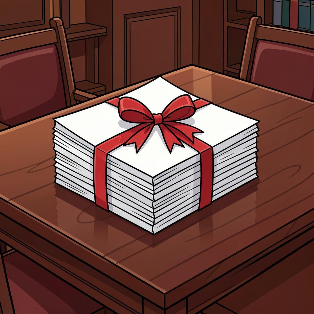 A thick stack of paper documents tied with a red ribbon sitting on a polished wooden table.