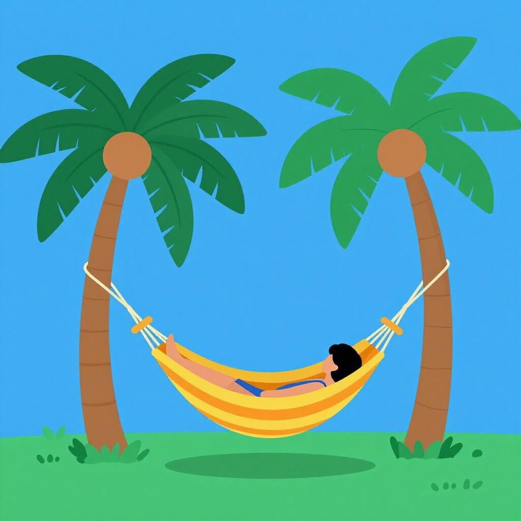 A person lying comfortably in a colorful hammock between two palm trees, looking peaceful.
