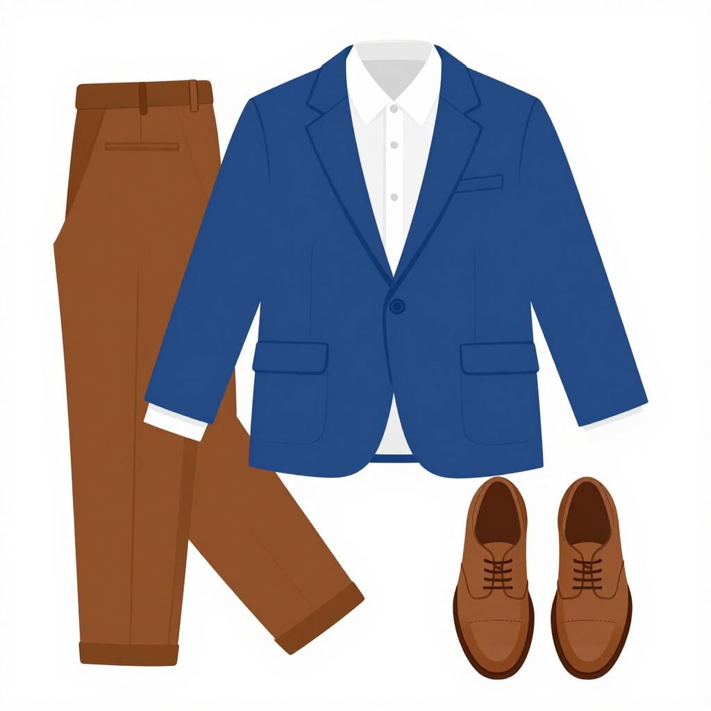 A complete and coordinated outfit laid out neatly, including a jacket, a dress shirt, trousers, and leather shoes.
