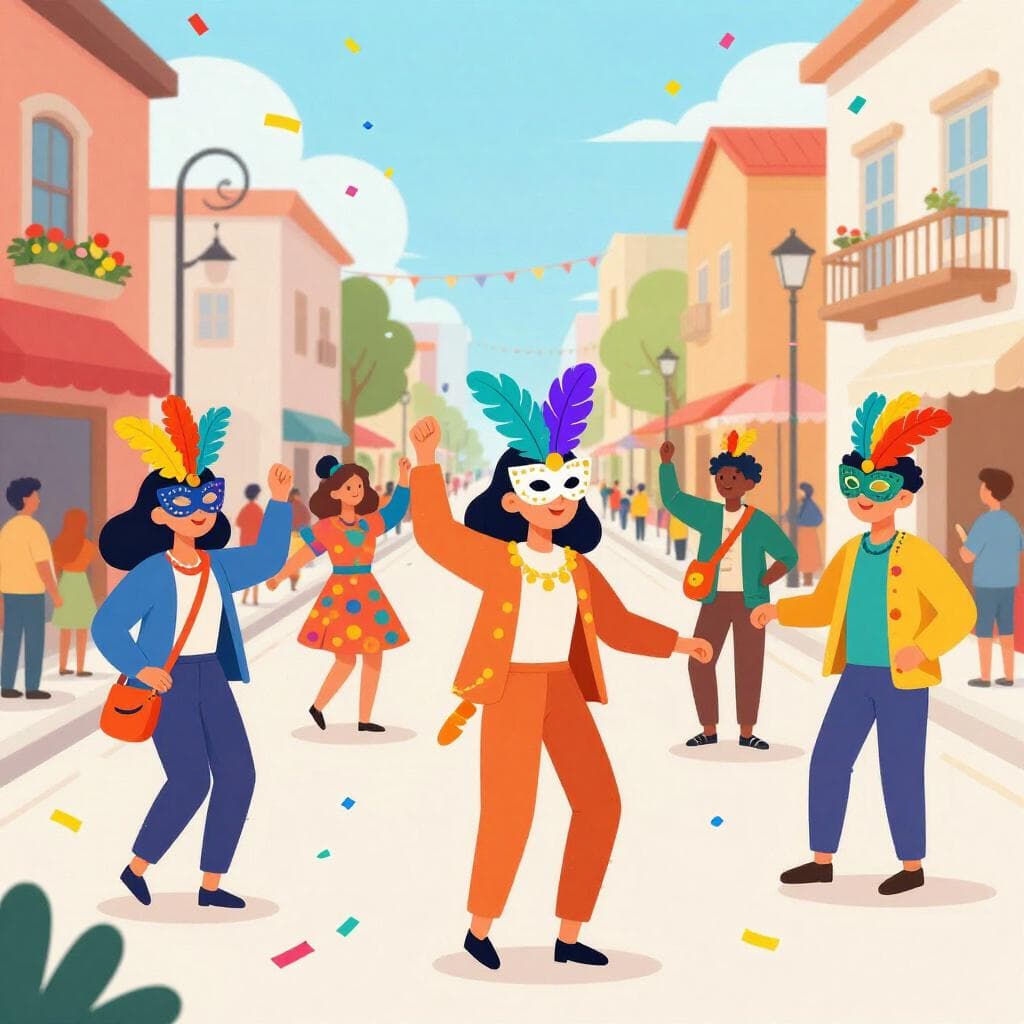 Een kleurrijke parade met mensen in levendige kostuums en maskers die confetti gooien.