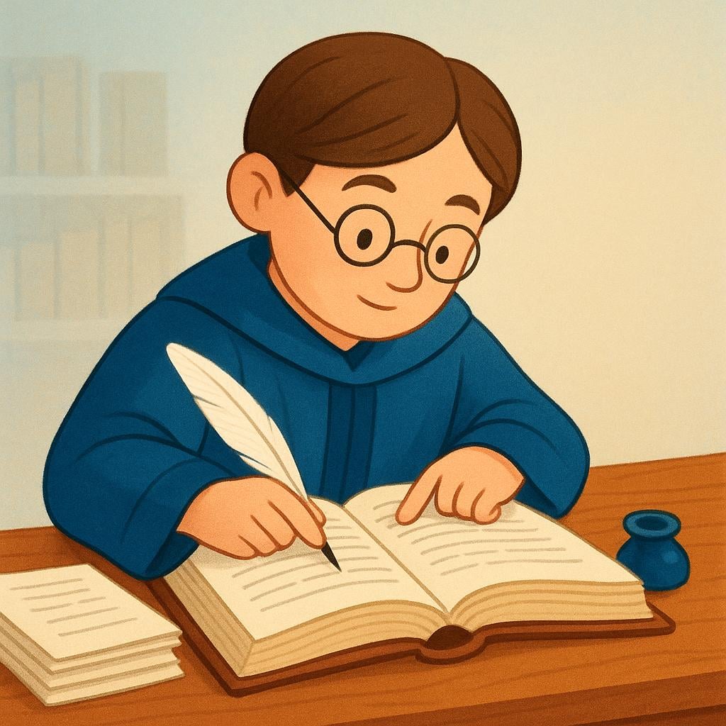 A focused illustration of a scholar wearing glasses, sitting at a wooden desk with a massive open book. The scholar is pointing intently at a passage in the book with a quill pen, symbolizing detailed analysis and explanation.