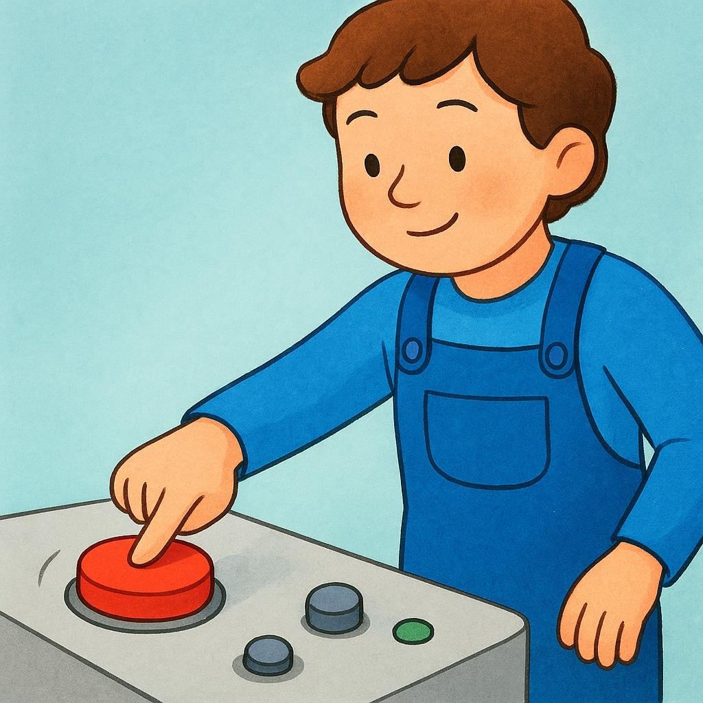 A person wearing blue overalls decisively pushes a large red button on a control panel, illustrating taking action.