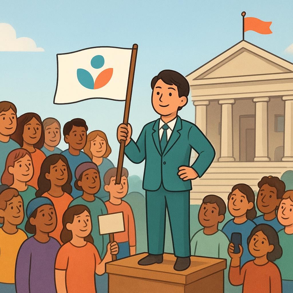 A person in professional attire standing between a crowd of diverse individuals and a large building entrance, holding a simple blue banner, symbolizing their role as a representative.