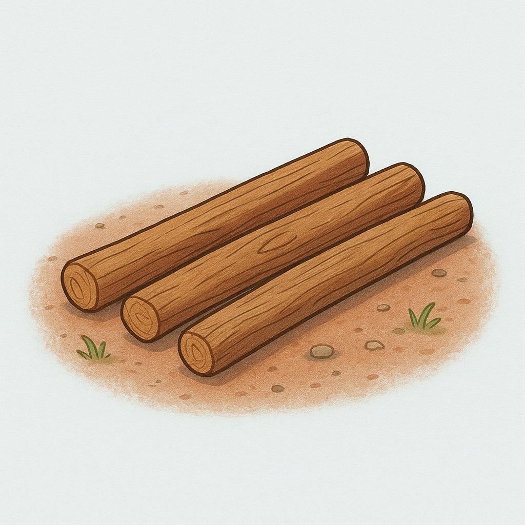 Several simple brown wooden sticks of varying lengths scattered on a patch of dirt.