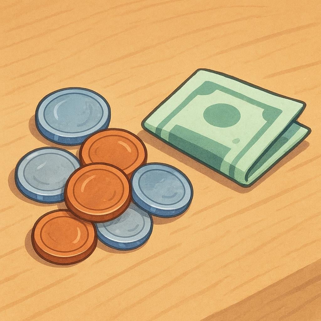 A small pile of scattered silver and copper coins next to a small folded bill on a wooden counter, representing monetary change.