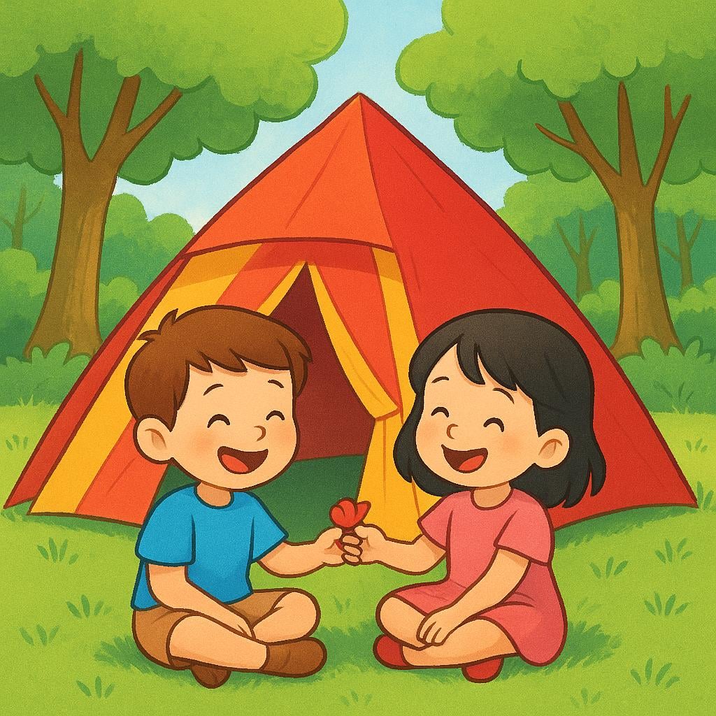 Deux enfants heureux assis à l'extérieur d'une tente aux couleurs vives dans une clairière ensoleillée.