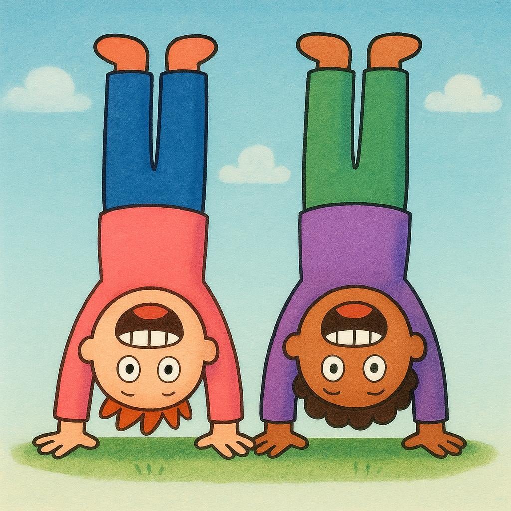 Two brightly colored cartoon figures standing on their heads and laughing uncontrollably, illustrating a state of being mentally unsound.