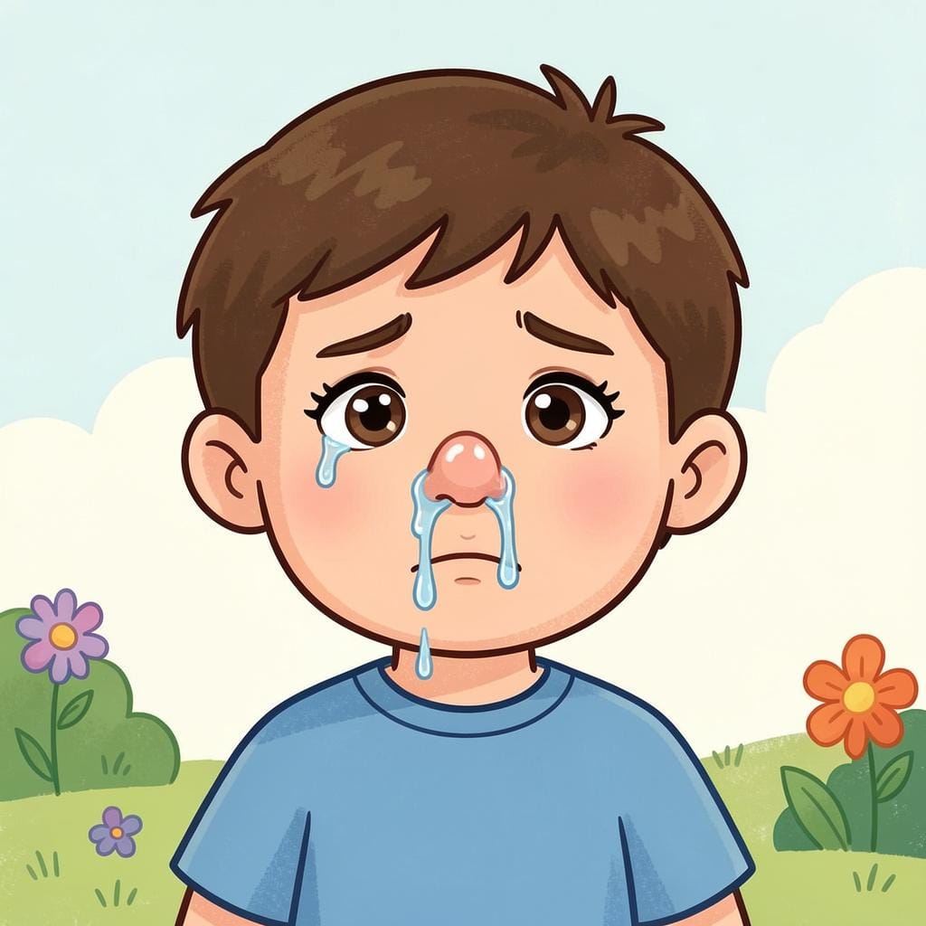 A close-up of a child's face with a shiny, runny nose.