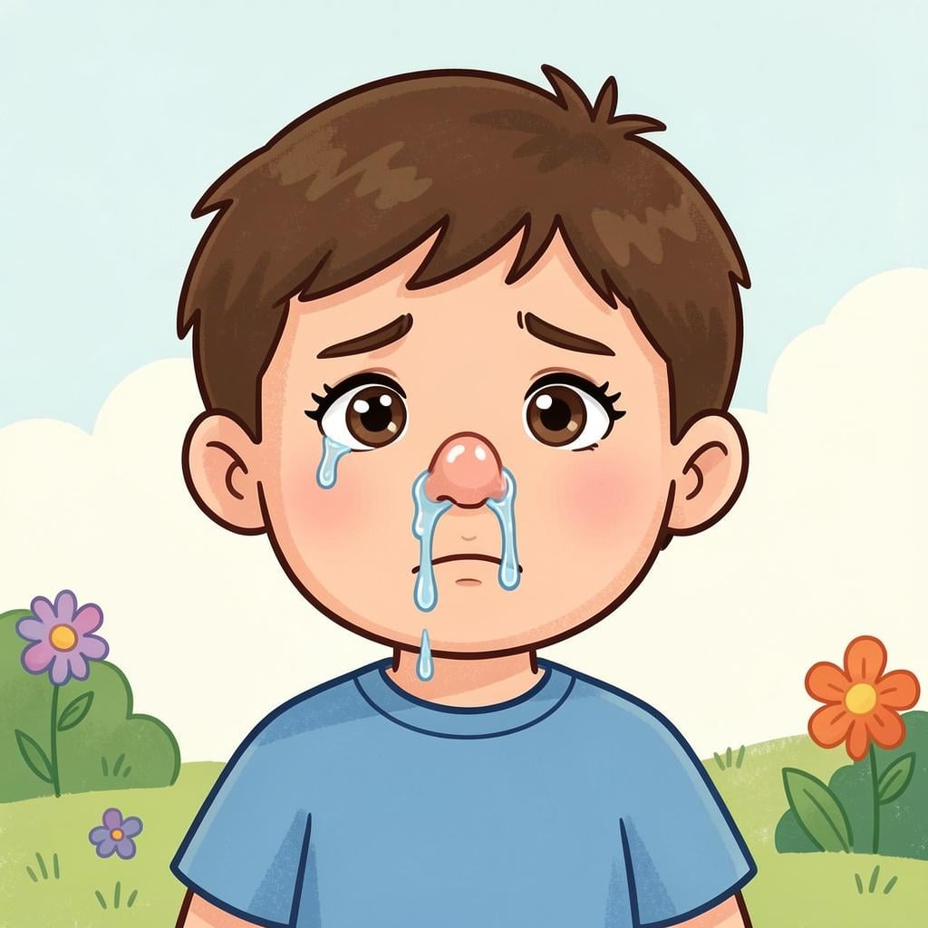 A close-up of a child's face with a shiny, runny nose.