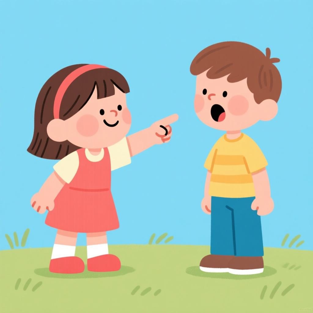 A friendly cartoon girl pointing at a boy, urging him to speak or tell something, while the boy prepares to reply.
