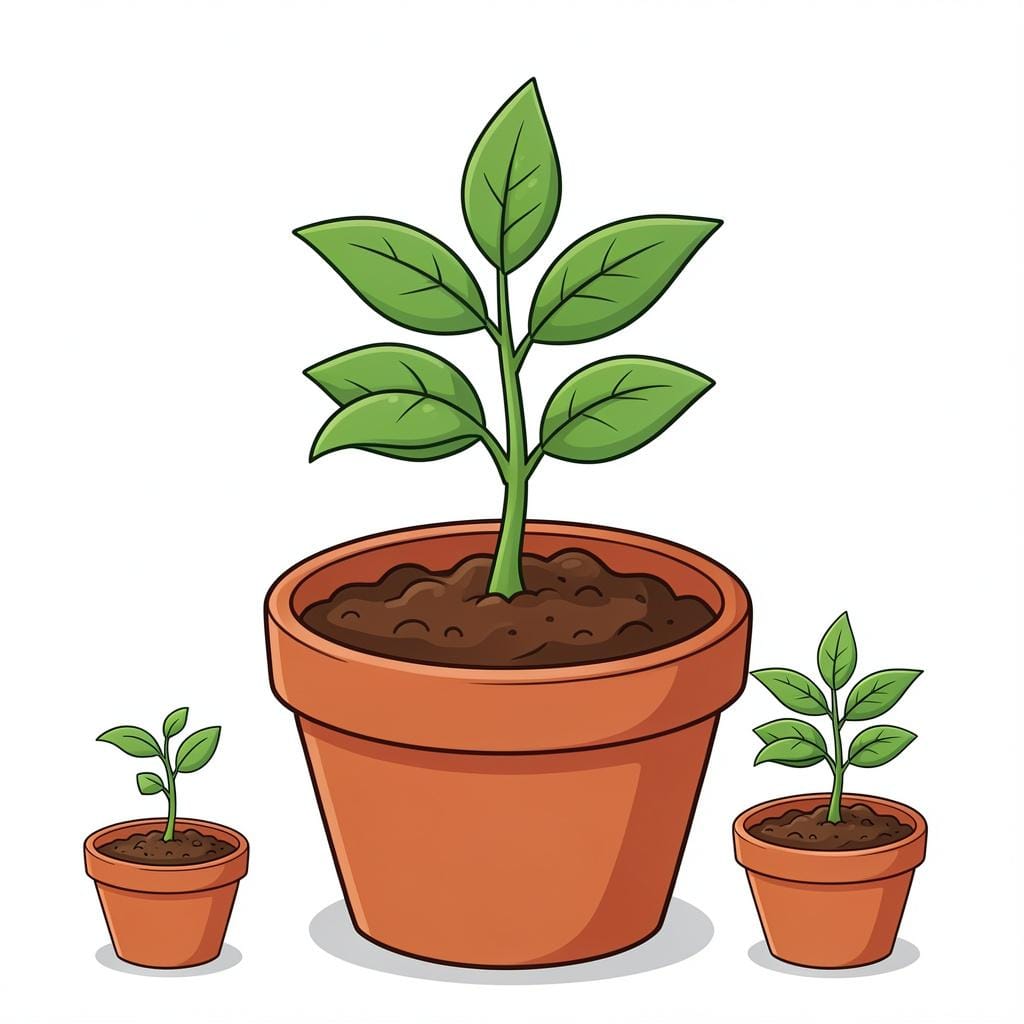 A small green plant growing from a tiny sprout into a larger seedling in a pot of soil.