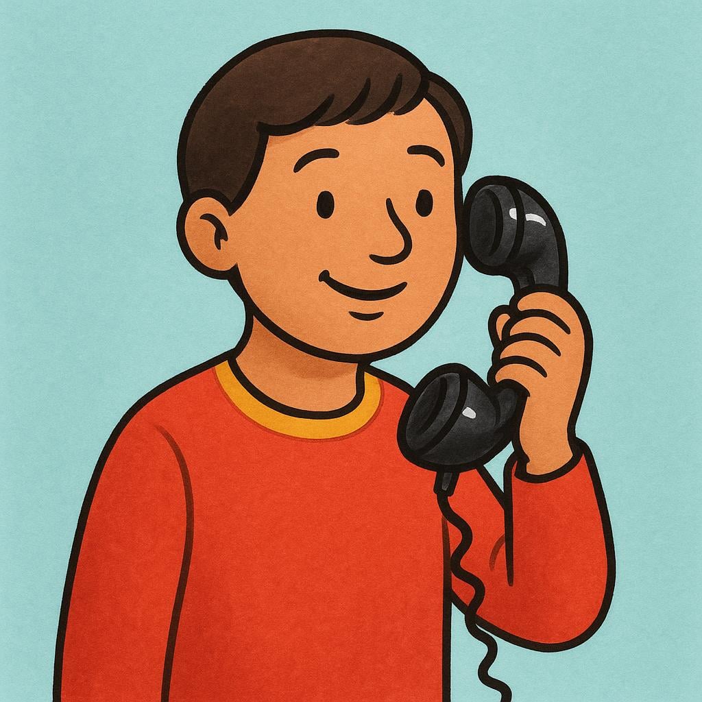 A cheerful person holding a vintage black telephone receiver to their ear, actively engaged in conversation.