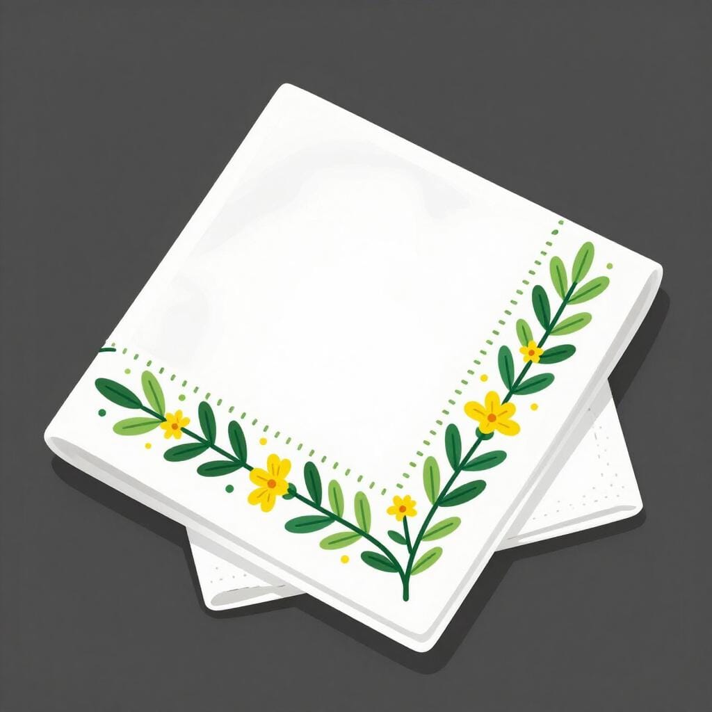 A close-up of a white handkerchief with a beautifully embroidered pattern of green leaves and yellow petals around the edge.