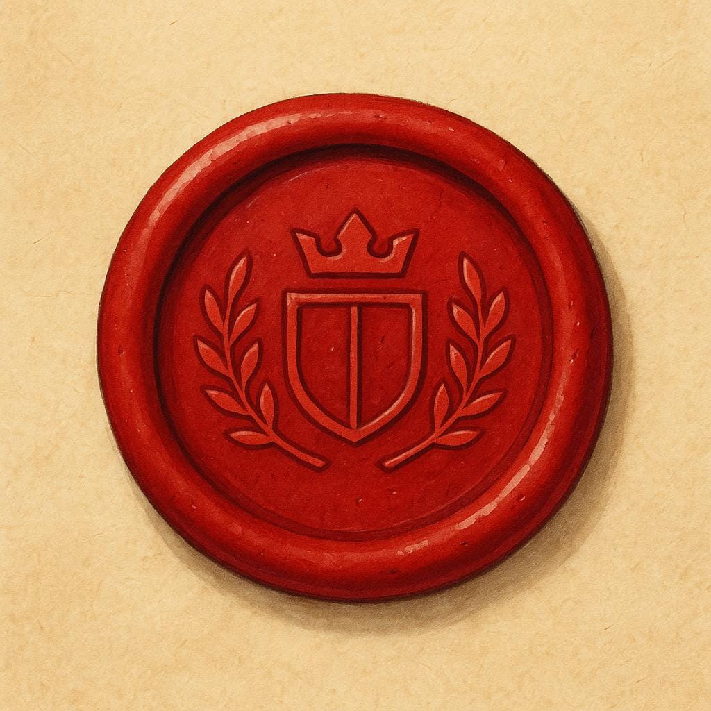 A clear, circular red wax impression pressed onto a piece of parchment, showing a distinct official crest design.