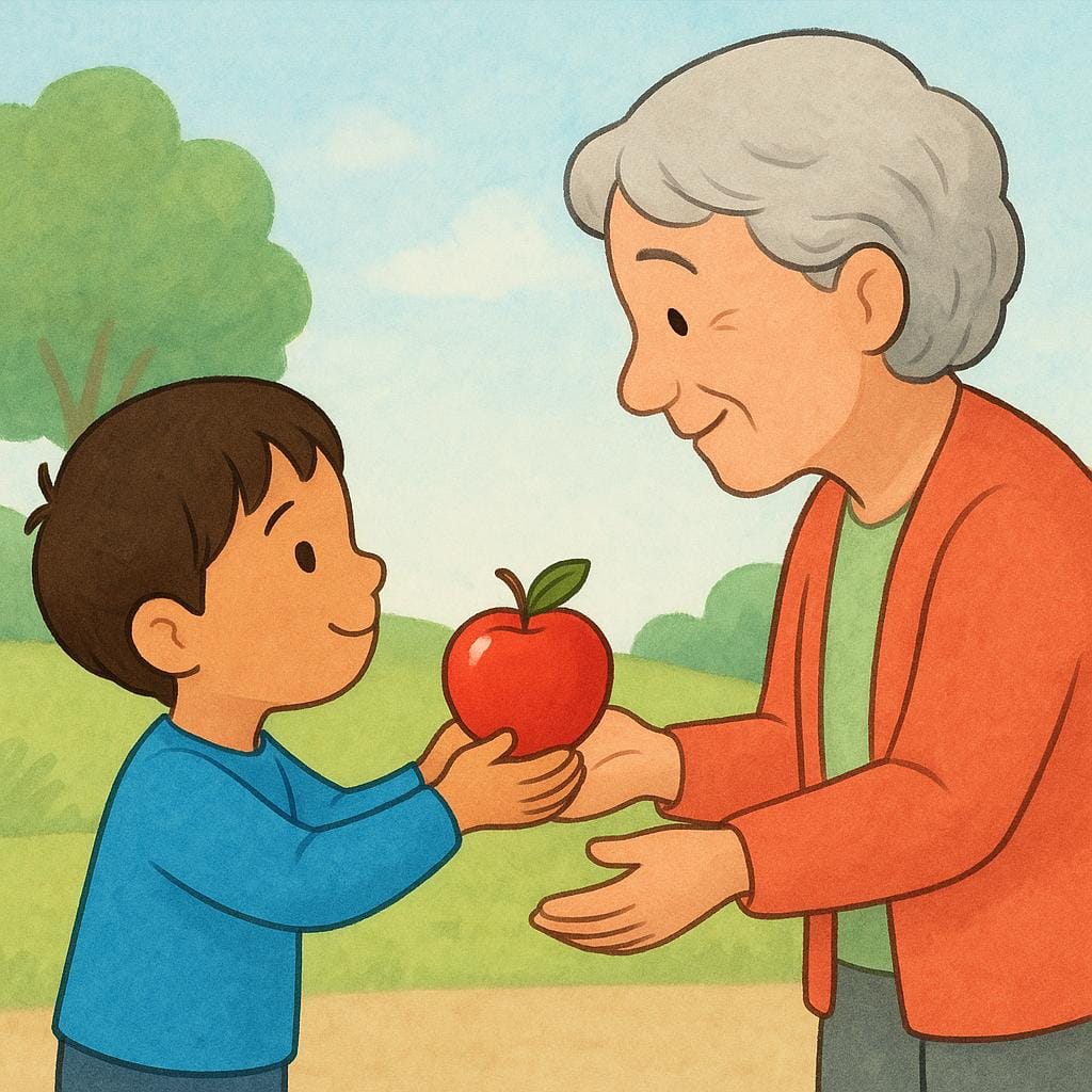 Un jeune enfant présente une pomme rouge vif à une personne plus âgée, illustrant l'action de donner.
