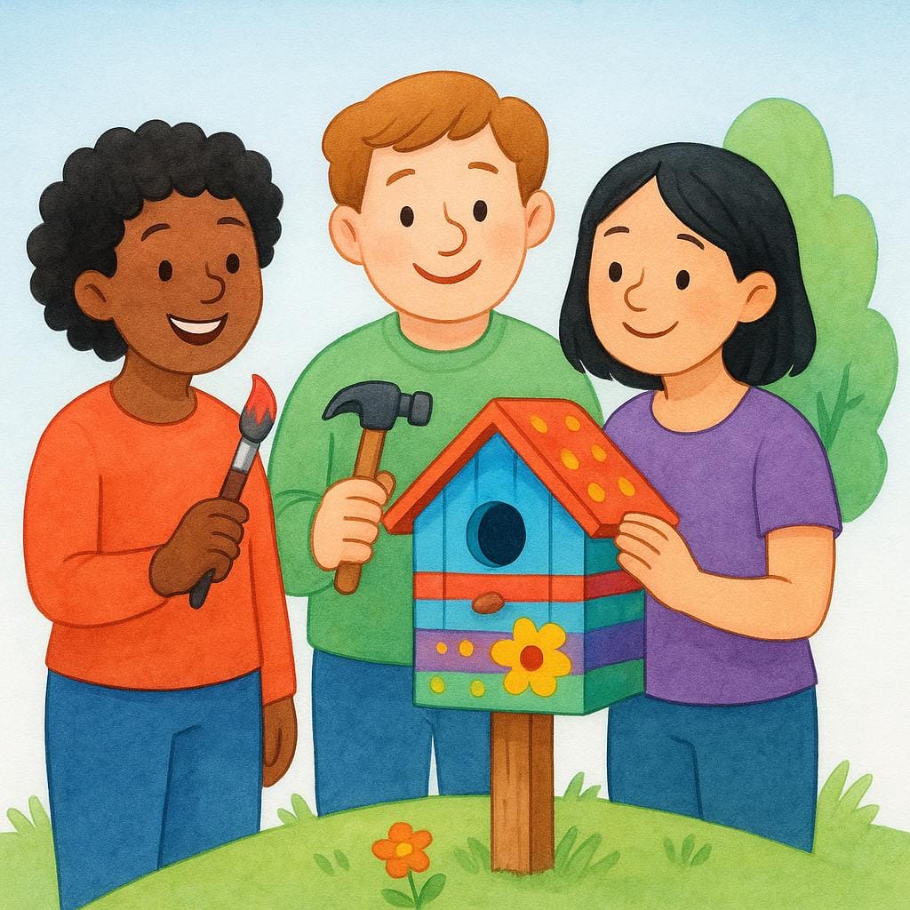 A high-quality storybook illustration showing three happy people standing together, admiring a colorful, completed wooden birdhouse they built, illustrating a finished collective action.